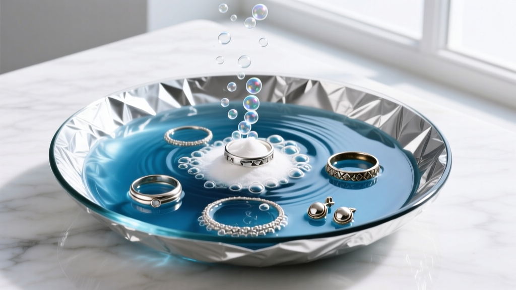 Overhead view of a foil-lined glass dish with hot water, baking soda, and submerged tarnished silver jewelry gently bubbling.