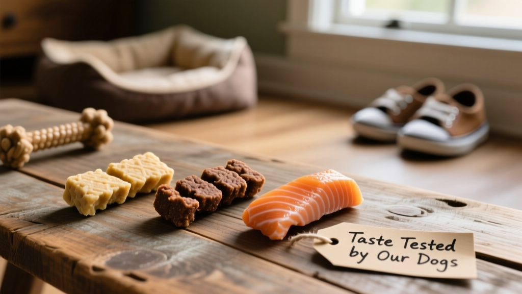 Close-up of FurPetVo Mini Naturals treats in assorted flavors — chicken, beef, and salmon — arranged on a wooden surface