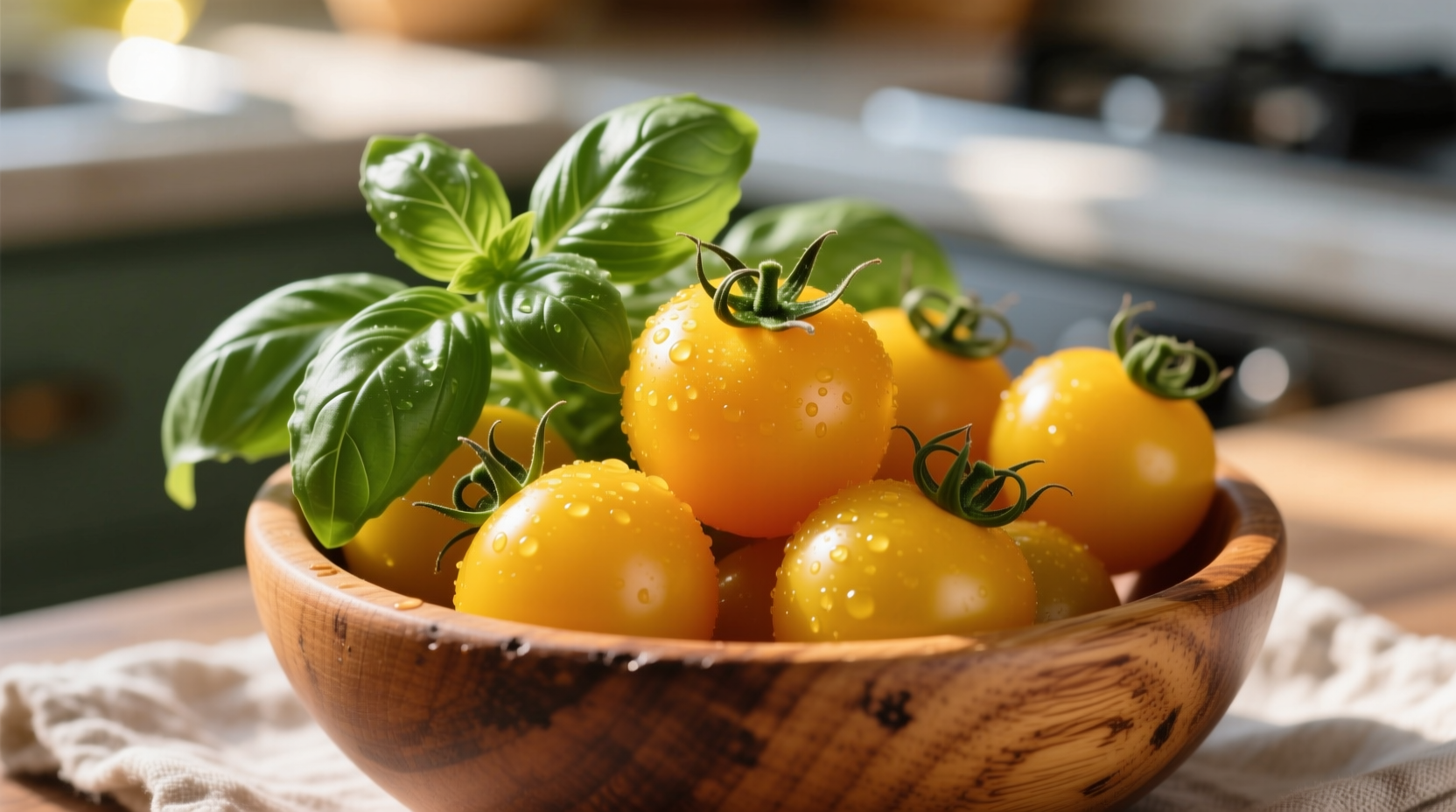 Yellow cherry tomatoes in a wooden bowl with fresh basil