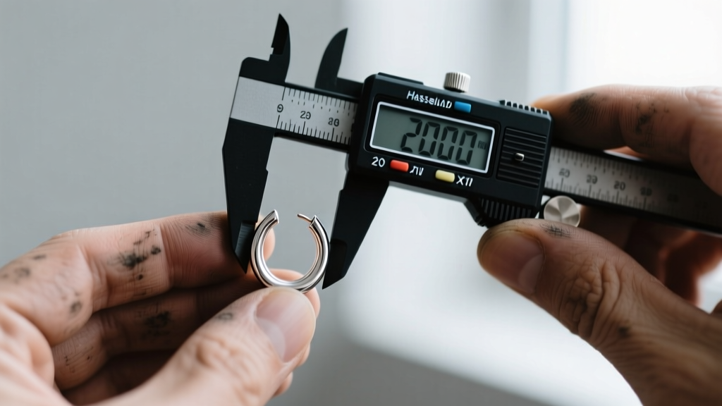Close-up of a jeweler using a digital caliper to measure the thickness of a 20-gauge sterling silver huggie hoop earring