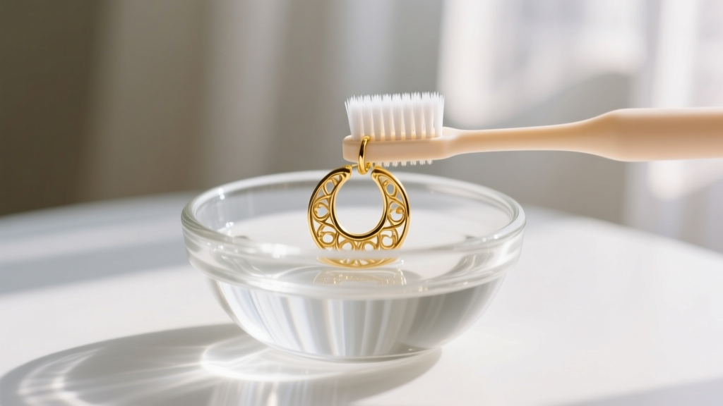 A soft-bristled baby toothbrush gently cleaning a soapy 18k gold filigree hoop earring in a small glass bowl of distilled water