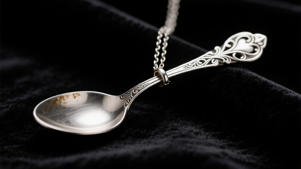 Macro shot of a vintage sterling silver demitasse spoon pendant on dark velvet, lit by moody directional studio lighting.