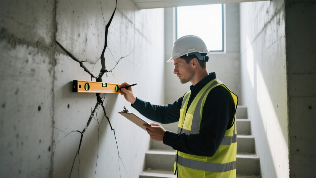 Structural engineer inspecting a diagonal stair-step crack in a poured concrete basement wall with a laser level and clipboard