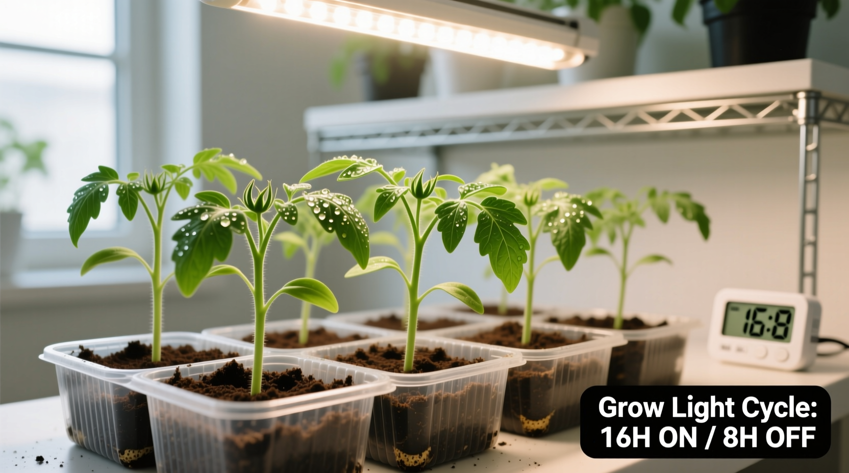 Tomato seedlings growing in starter trays with proper lighting