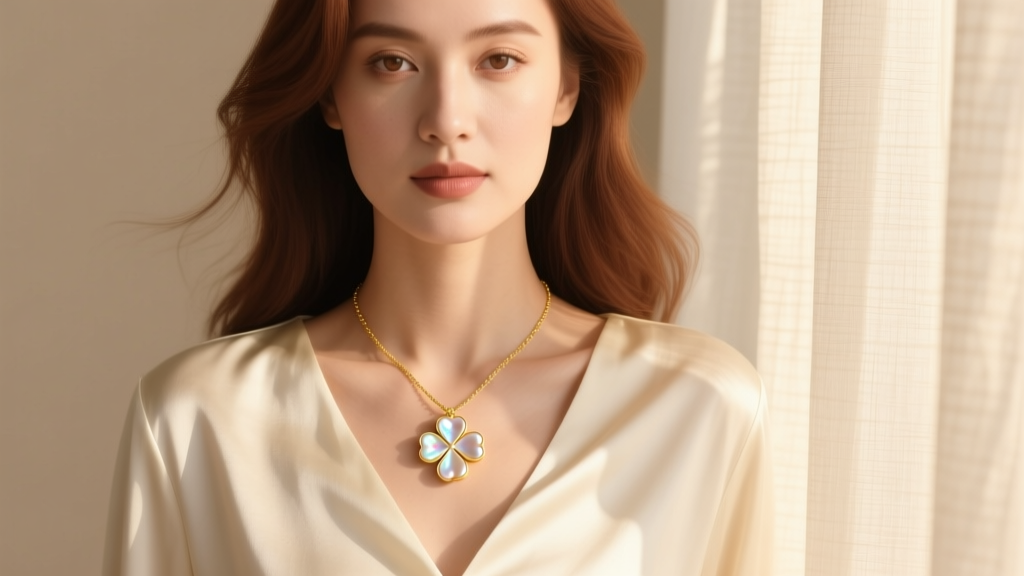 Elegant woman wearing an 18k gold mother of pearl four leaf clover necklace against a cream silk blouse in natural sunlight.