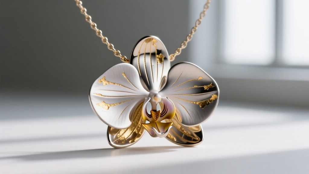 Macro view of a zinc-alloy orchid necklace revealing blurred casting lines and peeling gold flash against a neutral gray backdrop.