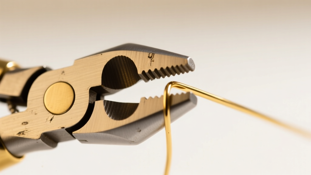 Macro shot of brass-jawed professional jewelry pliers gently gripping delicate 24-gauge gold-filled wire without marks.