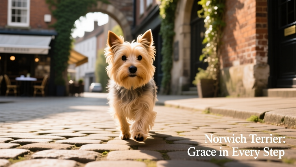 Sandy long-haired norwich terrier walks down paved street toward camera