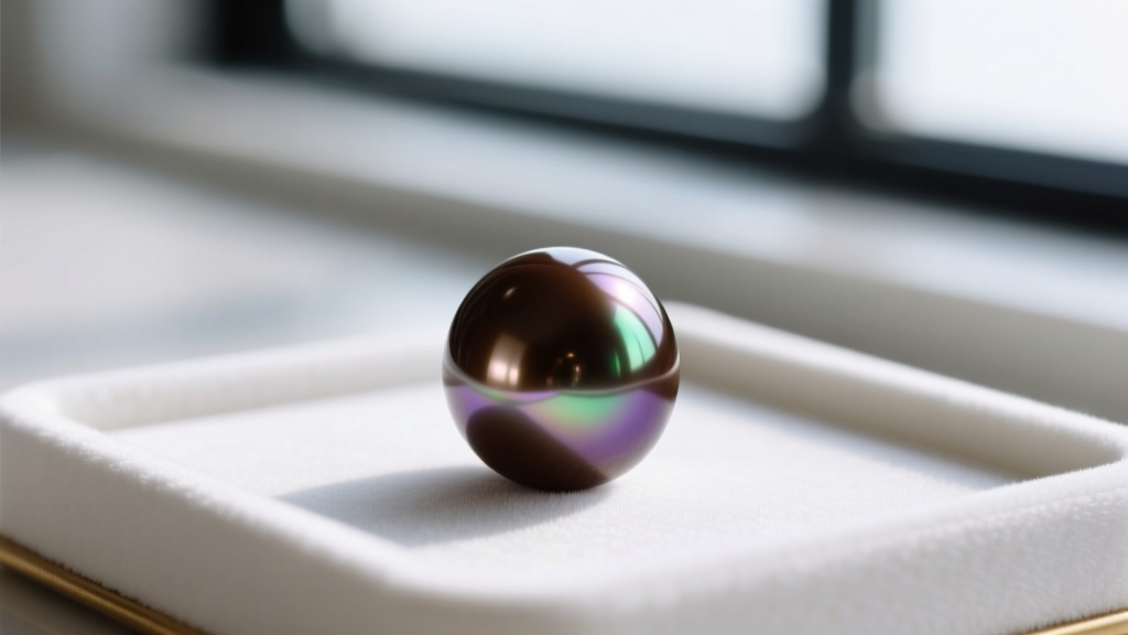 Macro shot of an 11mm dark brown Tahitian pearl with intense mirror luster and clean surface on a white velvet grading tray.