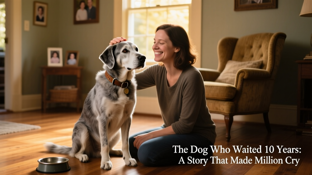 Barnaby sitting upright beside his foster caregiver, both smiling warmly as she strokes his head