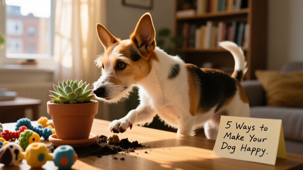 A curious terrier sniffing intently near a potted plant where a treat has been hidden