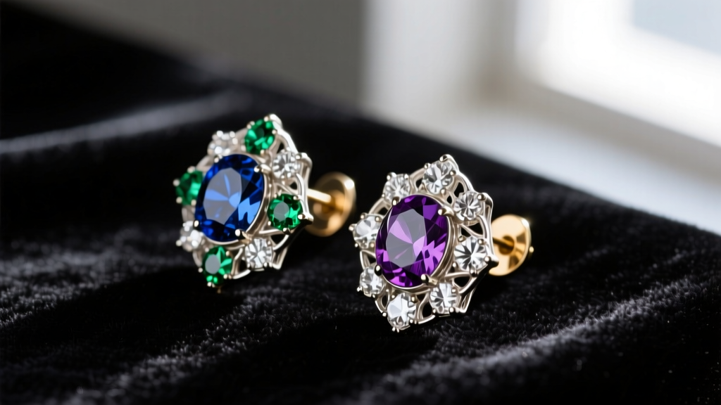 Macro shot of vintage Sorrelli clip-on earrings with pavé Austrian crystals and rhodium brass settings resting on dark velvet
