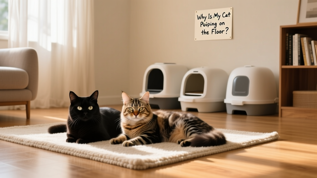 Two cats calmly resting side-by-side in a peaceful living room with multiple accessible litter boxes visible in background