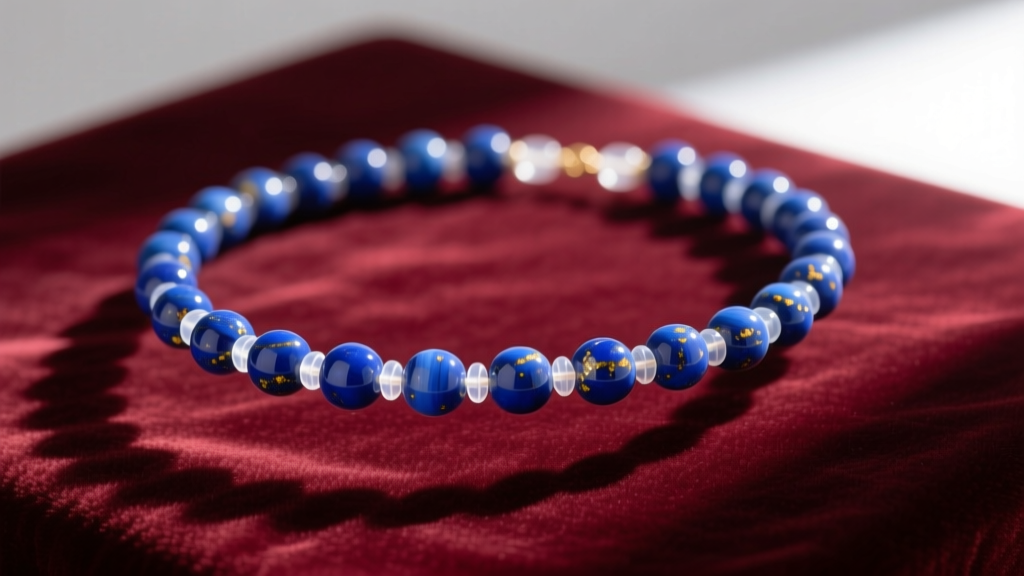 Repaired floating bead necklace on velvet, showing evenly spaced lapis lazuli beads secured by tiny transparent silicone stoppers.