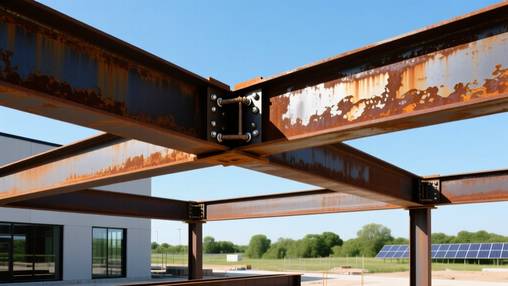 Weathering steel I-beams with a rich rust patina being bolted together on a sustainable commercial building site under clear skies