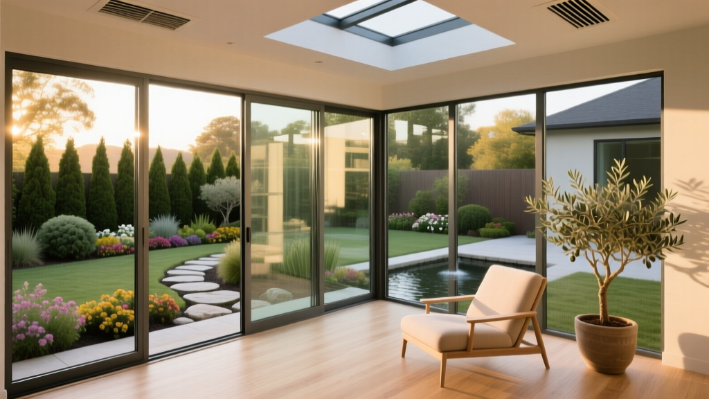 Modern four-season sunroom with insulated aluminum framing, low-E glass, and integrated HVAC vents overlooking a landscaped backyard.