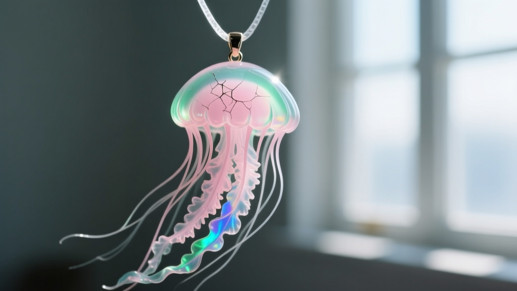 Macro photo showing micro-scratches on an epoxy resin jellyfish pendant, highlighting the soft Mohs 2.5 material vulnerability.