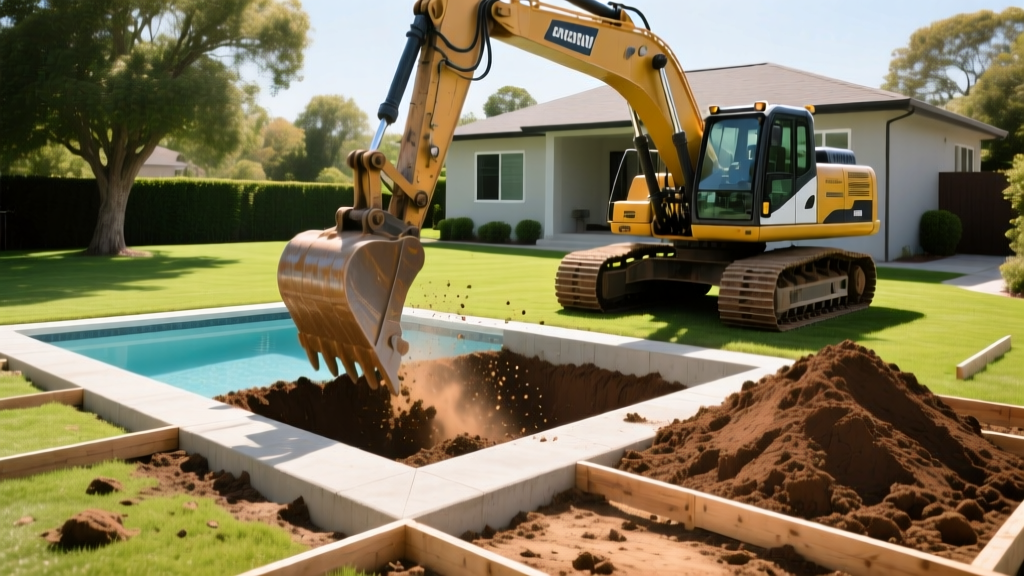 Excavator digging a large rectangular hole for an inground concrete swimming pool in a sunny suburban backyard with dirt piles and wooden forms