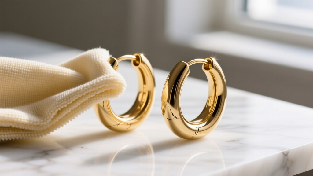 Close-up of a microfiber cloth polishing 18k gold vermeil huggie hoops on a clean marble surface before storage.