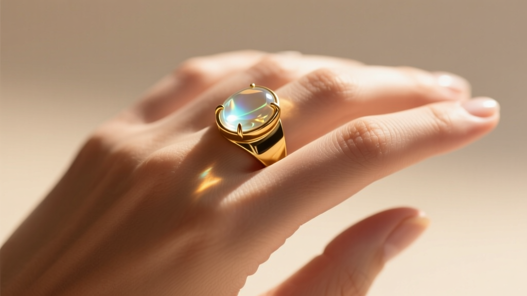 Close-up of a hand wearing a gold-plated brass cocktail ring with a large resin cabochon stone, illuminated by warm sunlight