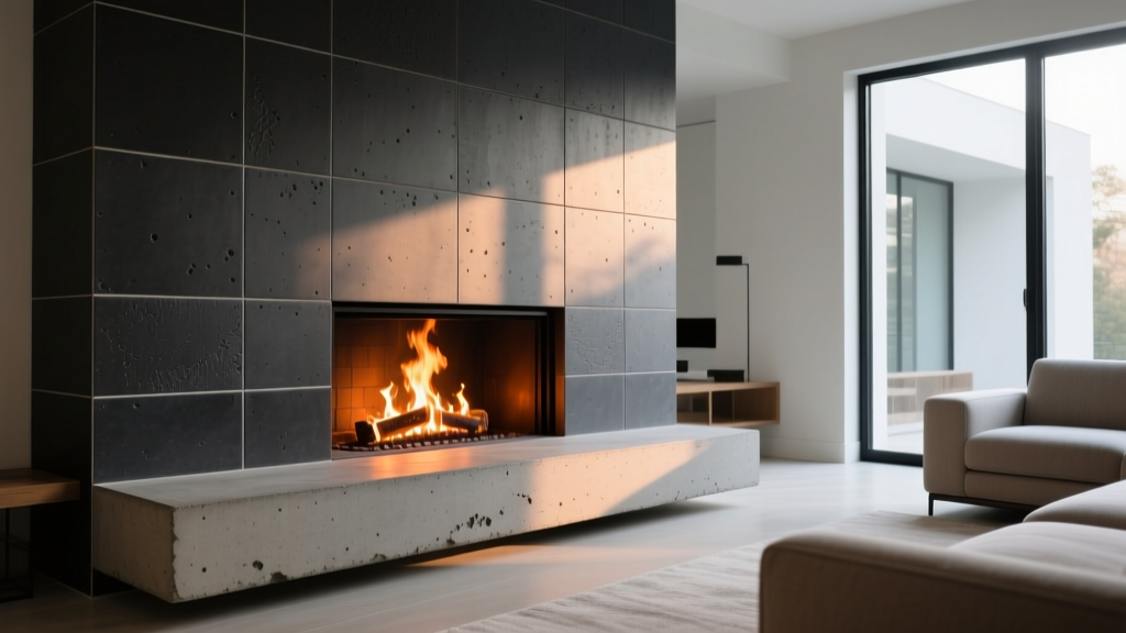 Modern living room fireplace surround clad in dark charcoal ceramic tile with a thick poured concrete hearth and glowing fire