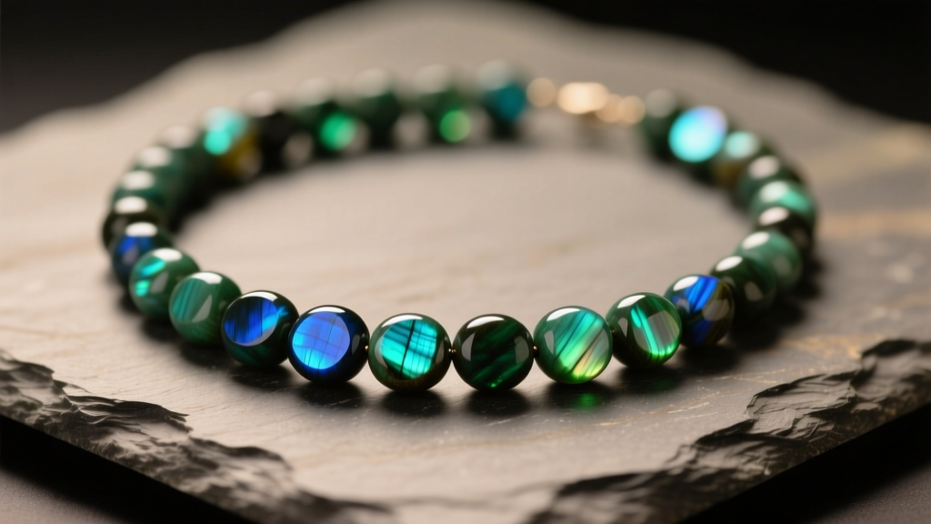 Close-up of a labradorite beaded necklace on slate, showing vivid blue and green iridescent flashes under soft studio lighting.
