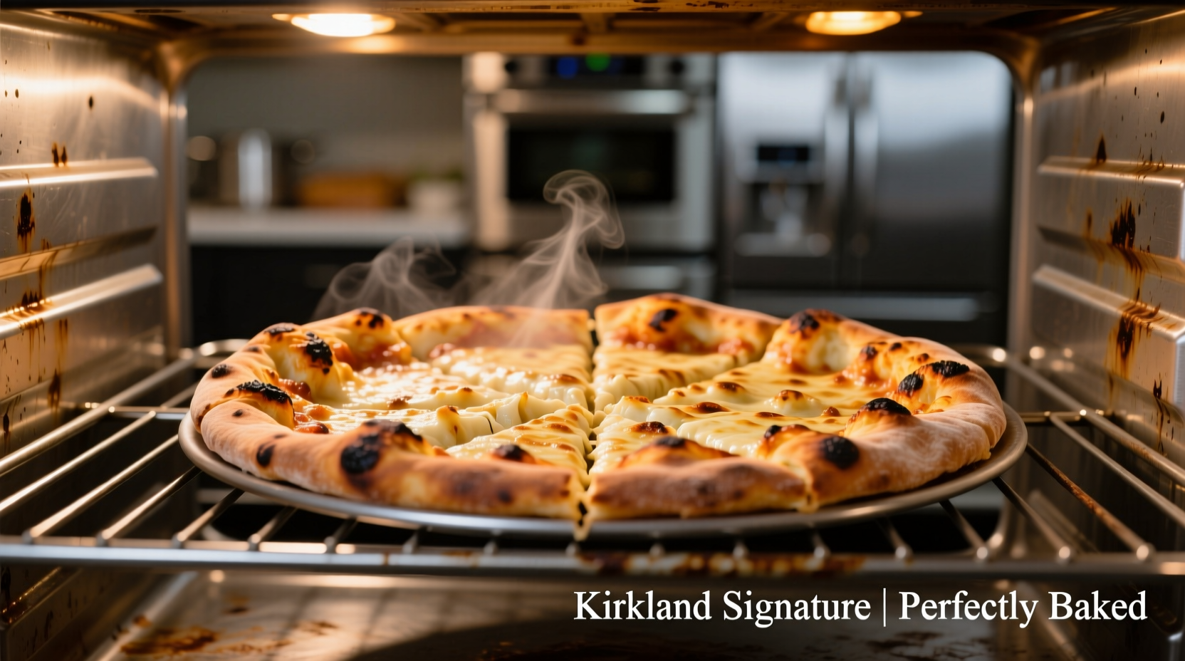 Perfectly baked Kirkland cauliflower pizza on oven rack