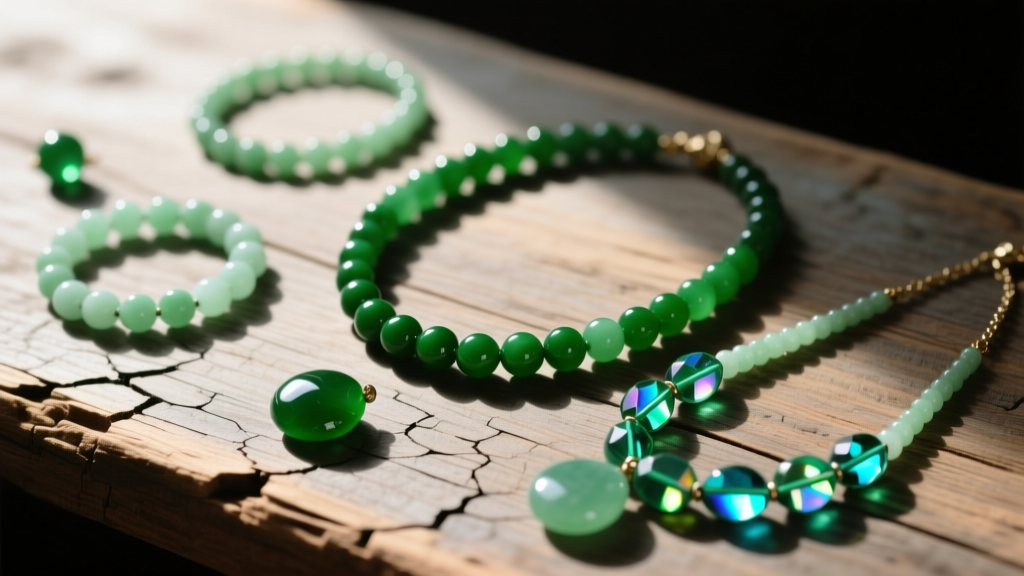 Flat lay of vintage green necklaces including jade-toned resin and green aurora borealis glass beads on a distressed wooden surface.