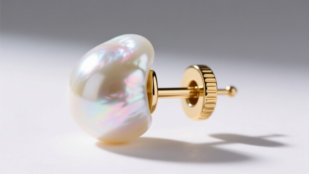 Side profile of a heavy South Sea baroque pearl earring showing a thick 18-gauge gold post and a secure silicone friction back