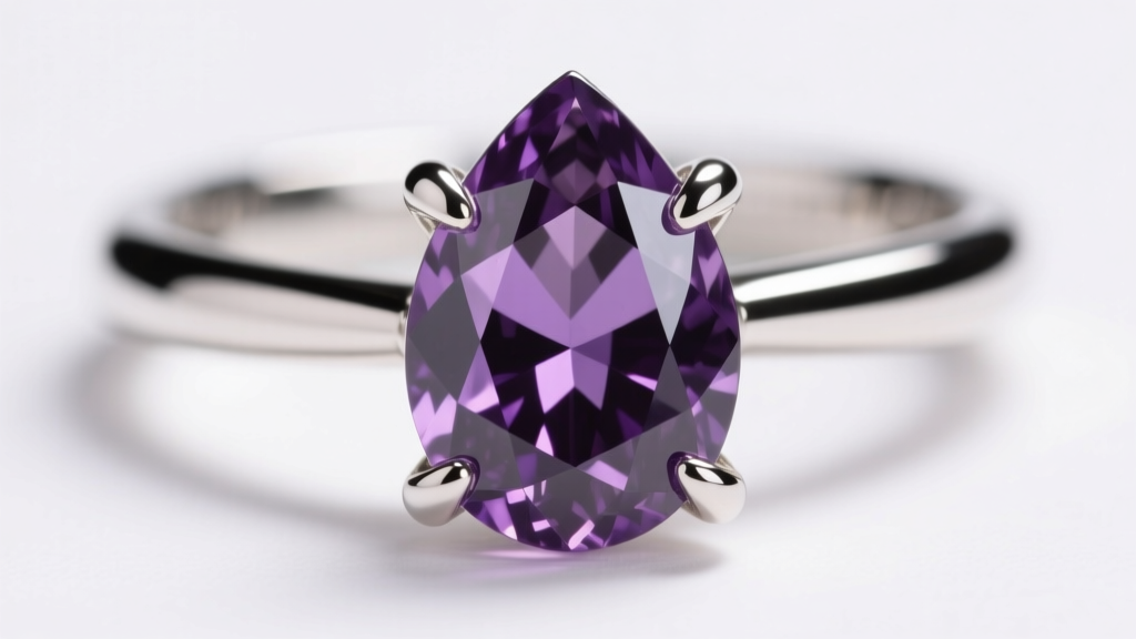 Close-up of a four-prong platinum setting securing a pear-shaped amethyst, showing metal tension against the gemstone girdle.