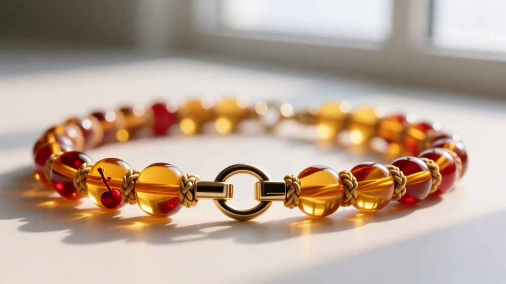 Detailed macro view of an amber necklace breakaway safety clasp and individual micro-knots between each 5mm cherry amber bead.