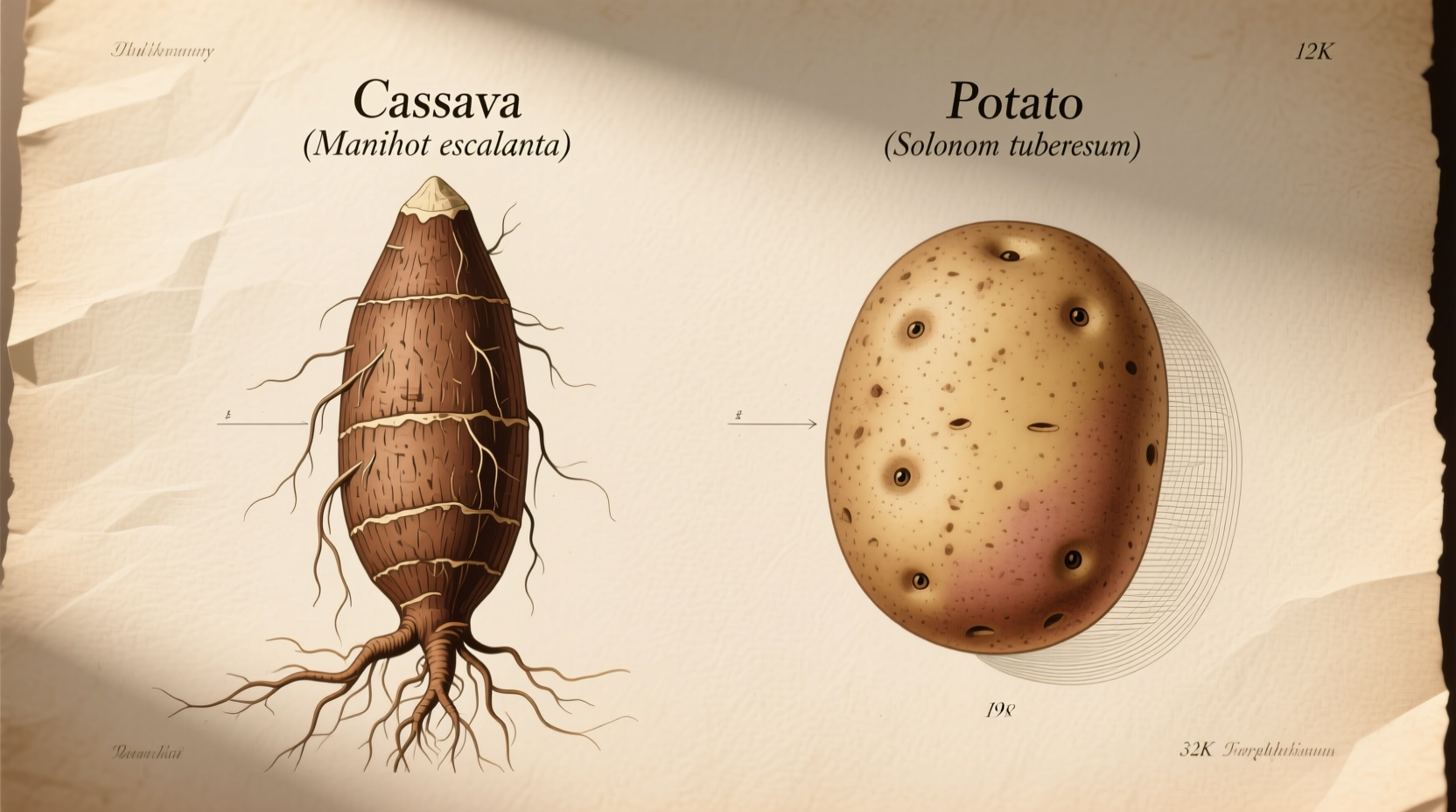 Cassava roots and potatoes side by side comparison