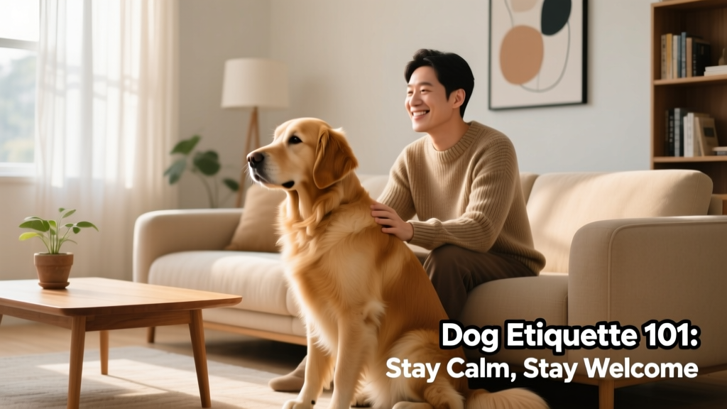 A calm, well-behaved dog sitting beside its owner in a living room setting