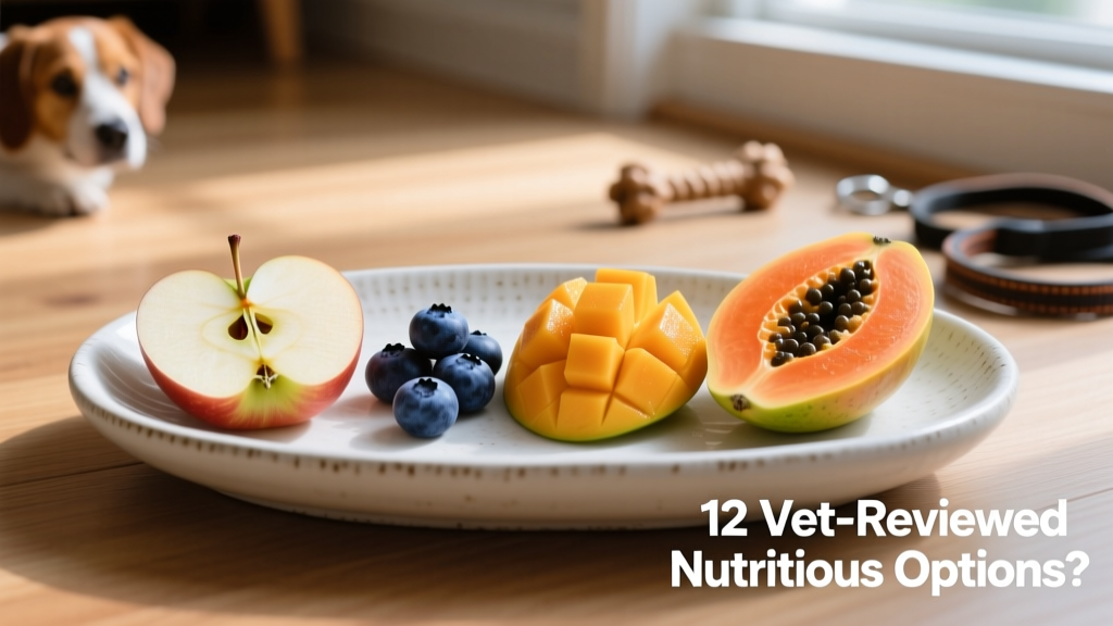Side-by-side comparison of safe fruit slices: apple, blueberry, mango, and papaya arranged on a shallow ceramic dish