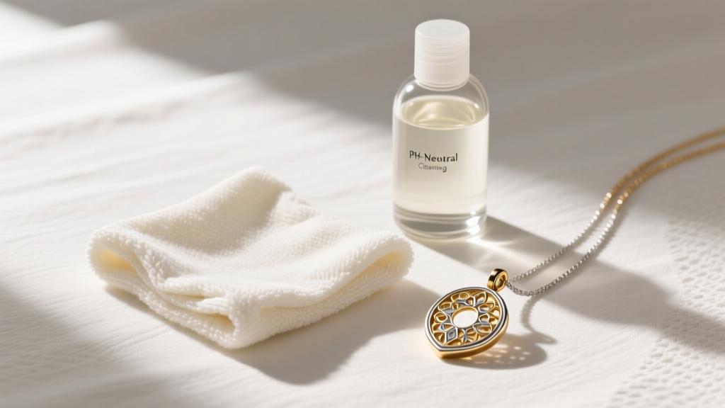 Flat lay of jewelry cleaning supplies including a microfiber cloth and mild pH-neutral soap next to a brass and silver pendant.