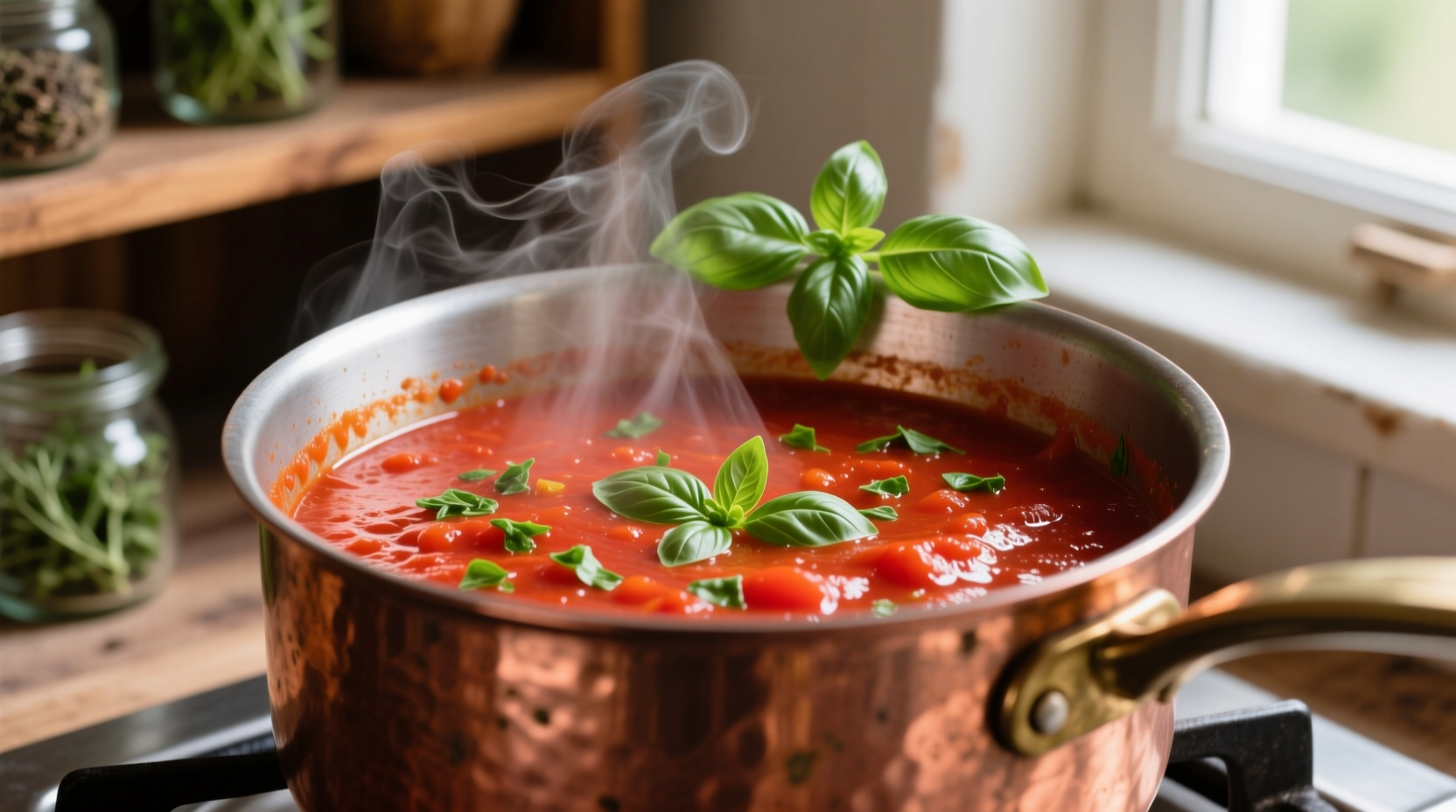 Fresh tomato sauce simmering in copper pot with basil