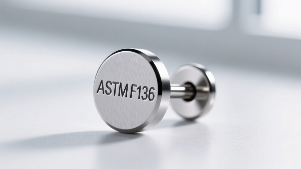 Close-up of an implant-grade titanium 20 gauge earring post with a laser-etched ASTM F136 hallmark on the flat backing plate.