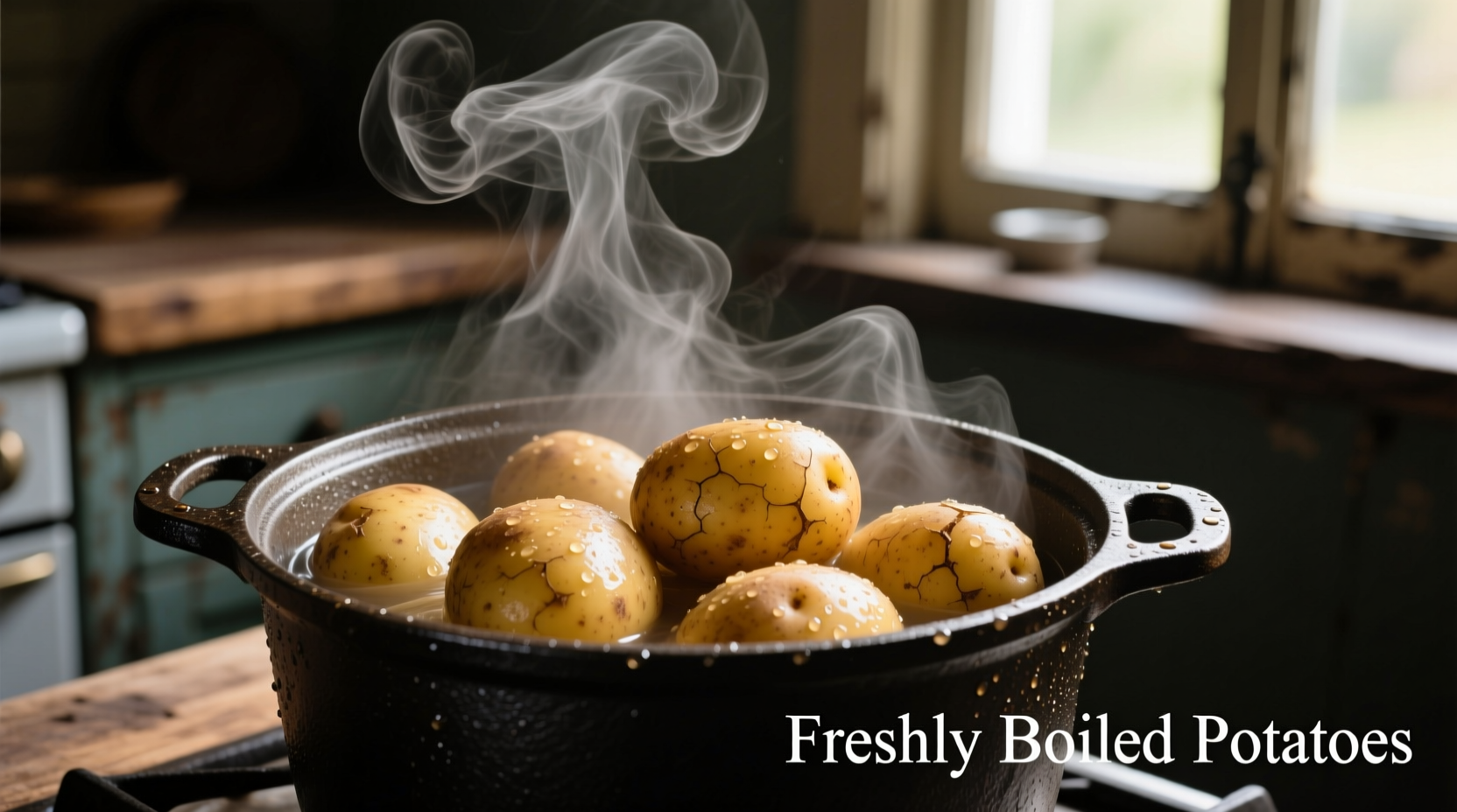 Freshly boiled potatoes in a pot with steam rising