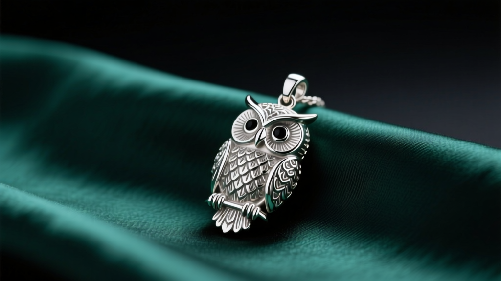 Macro shot of a 925 sterling silver owl pendant on dark emerald silk fabric, illuminated by soft directional studio lighting