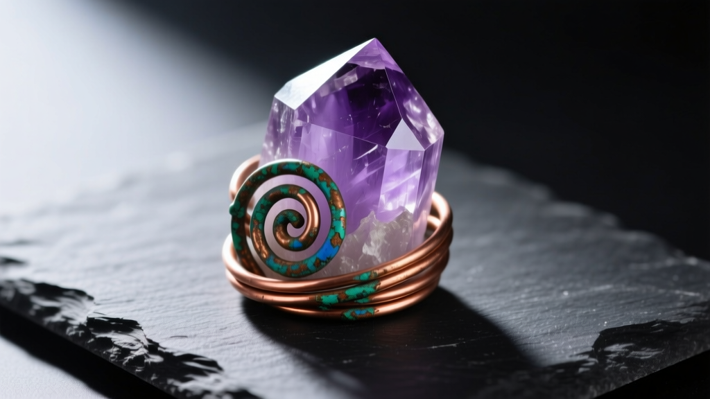 Close-up of tarnished copper wire wrapped around a raw amethyst crystal on dark slate with soft directional lighting.
