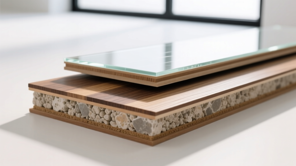 Close-up of SPC and WPC fake wood flooring plank cross-sections revealing the limestone core, vinyl print layer, and urethane wear surface