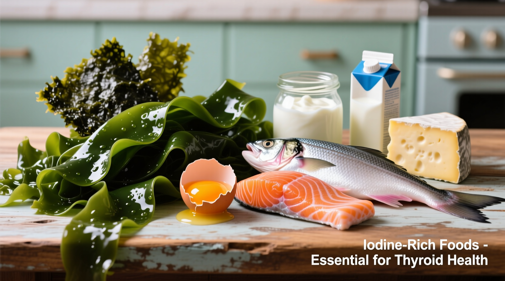 Colorful display of iodine-rich foods including seaweed, fish, dairy, and eggs