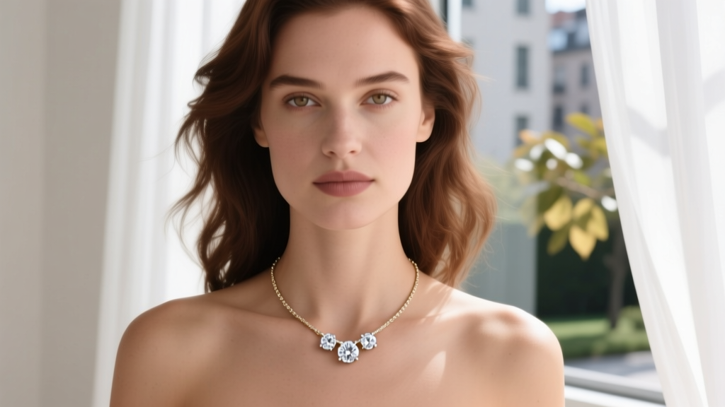 Woman wearing a 14k white gold three diamond necklace with round stones resting on her collarbone in soft natural window light