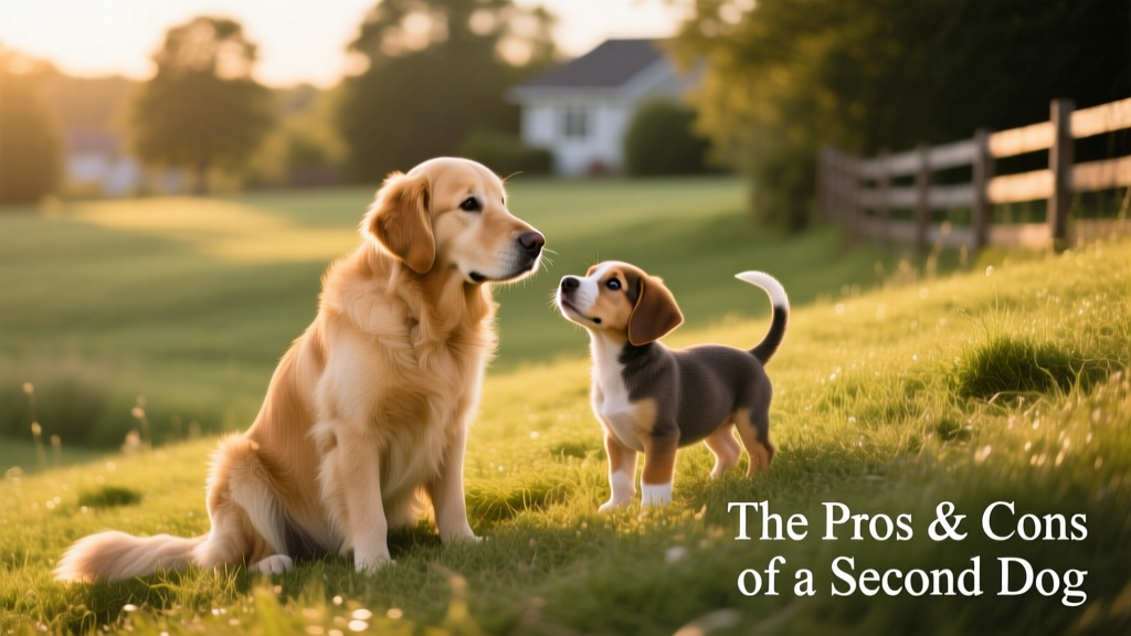 A calm, seated dog gently sniffing a curious puppy during a neutral outdoor meeting