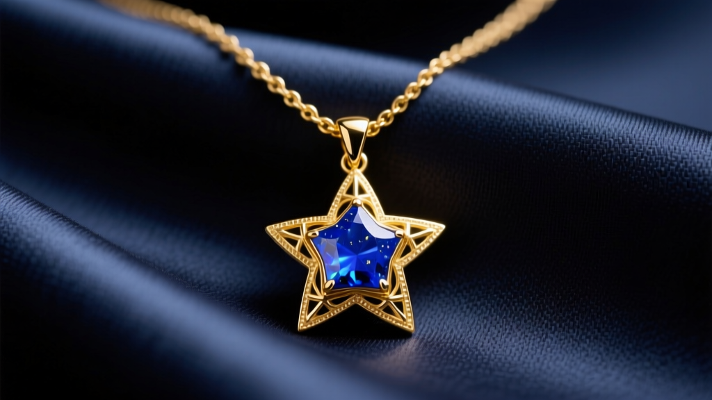Close-up of 18k yellow gold necklace with lapis lazuli star pendant resting on dark navy silk fabric under soft studio lighting.