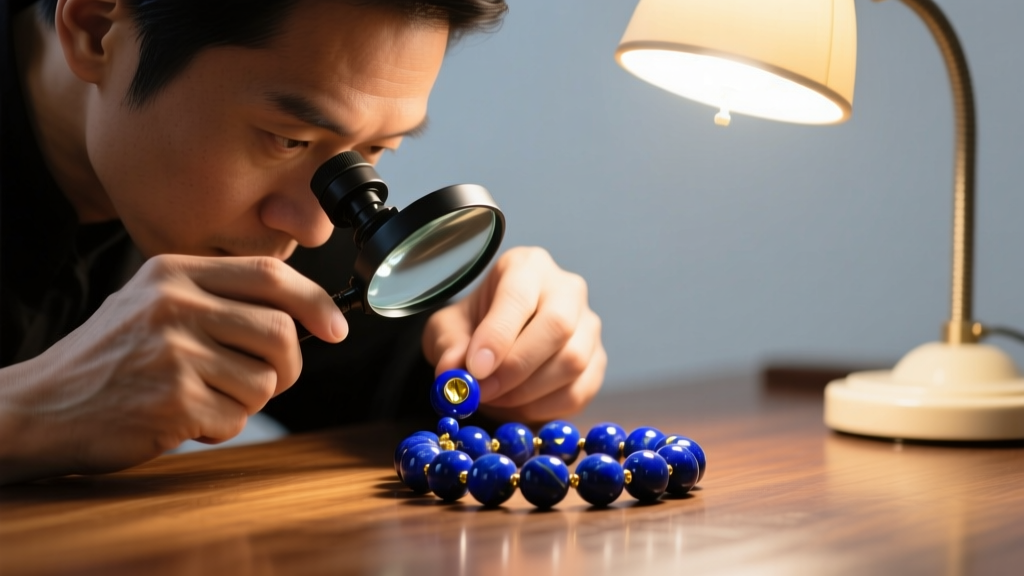 Artisan examining lapis beads with a 10x loupe to check for dye concentration and inclusions under a bright warm desk lamp light