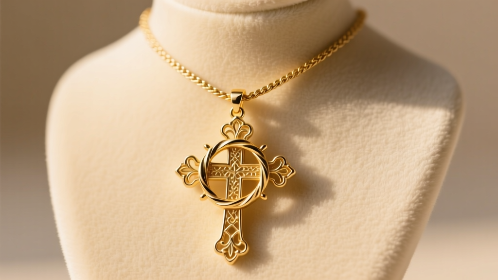 A 14k yellow gold cross crown of thorns pendant on a 2mm rope chain, displayed on a cream velvet jewelry bust in warm lighting.