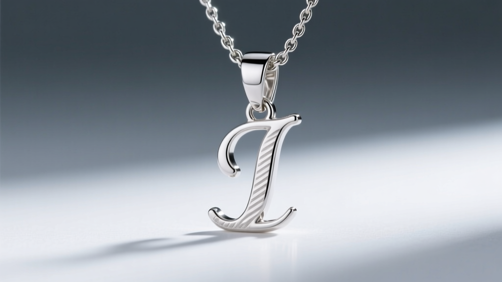 Close-up of a sterling silver initial necklace with a serif font, showing brushed metal texture and a tiny secure lobster clasp.