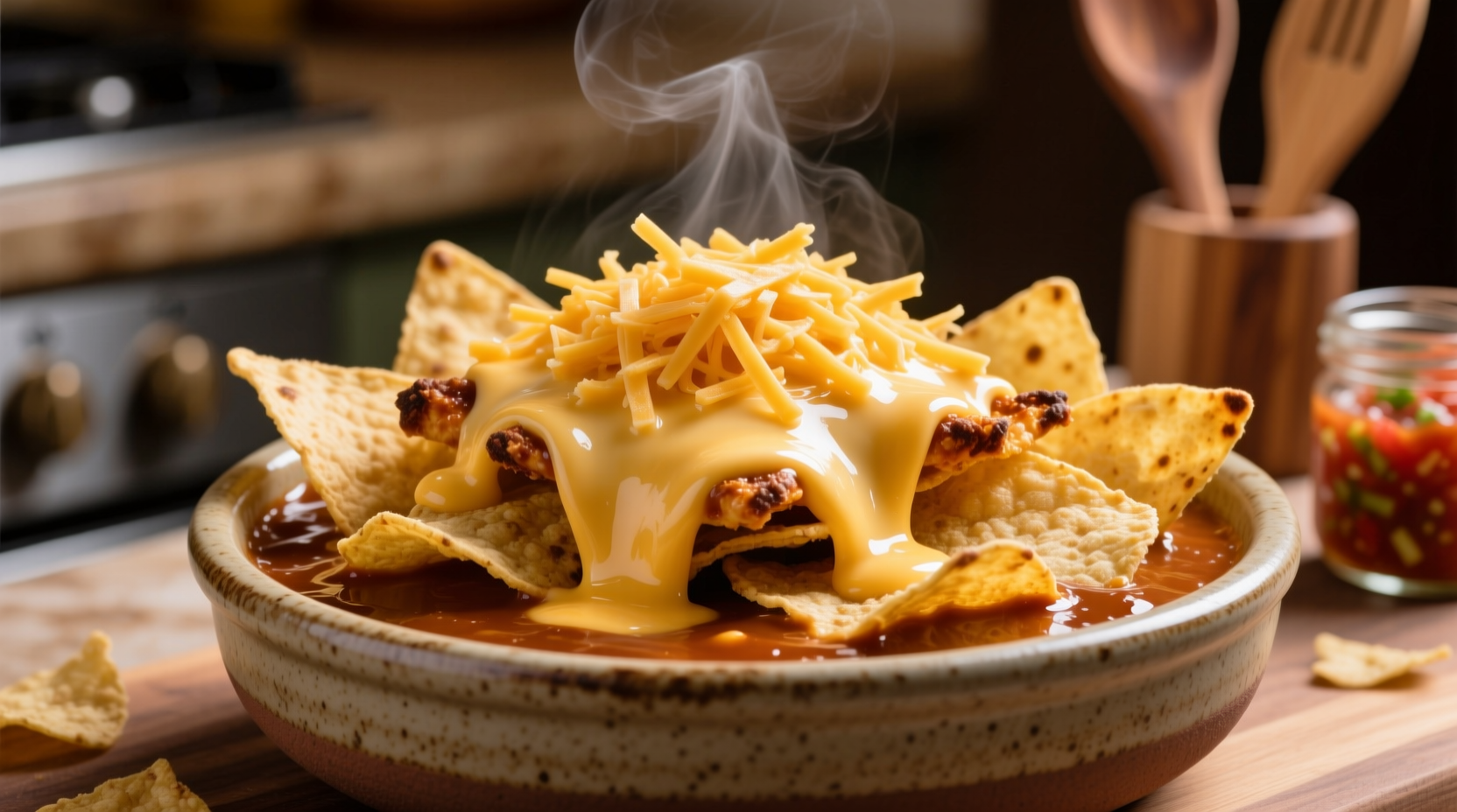 make better nachos by melting shredded cheese in queso