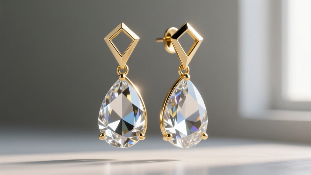 Close-up of Dorsey drop earrings featuring a faceted teardrop crystal on a delicate gold vermeil geometric cap in soft lighting.